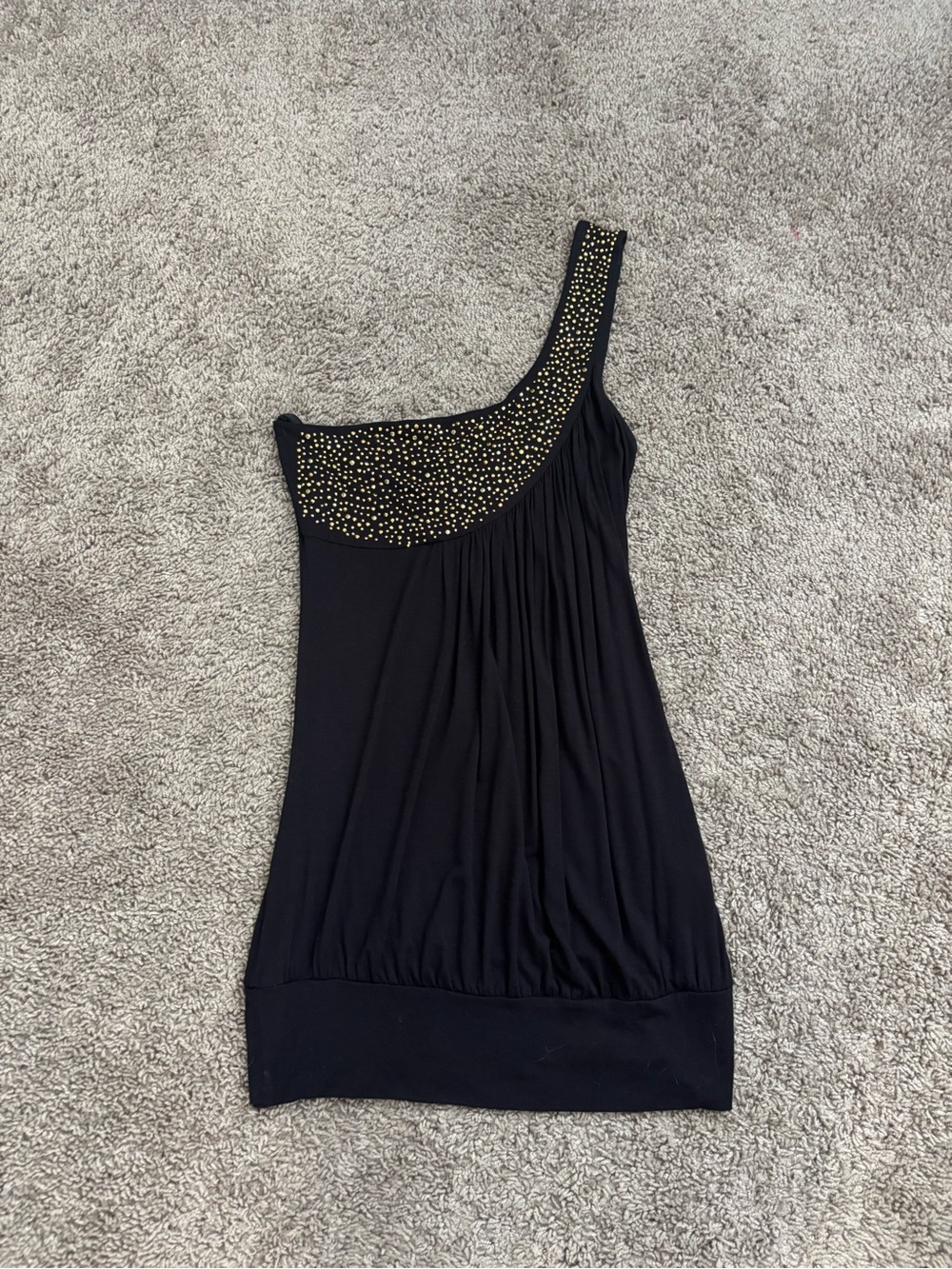 Robin K Black One-Shoulder Shirt with Gold Stud Accents